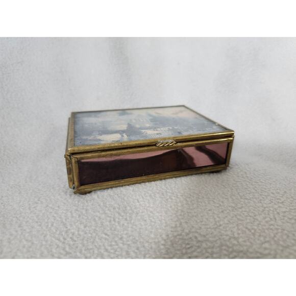 Vintage Enesco Thomas Kinkade Etched Glass Brass Jewelry Trinket Box Cottage - Picture 2 of 16